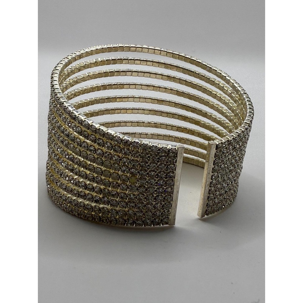 Gold Tone Multi Row Rhinestone Cuff Bracelet 10 Band Crystal Statement Bangle - Picture 7 of 11